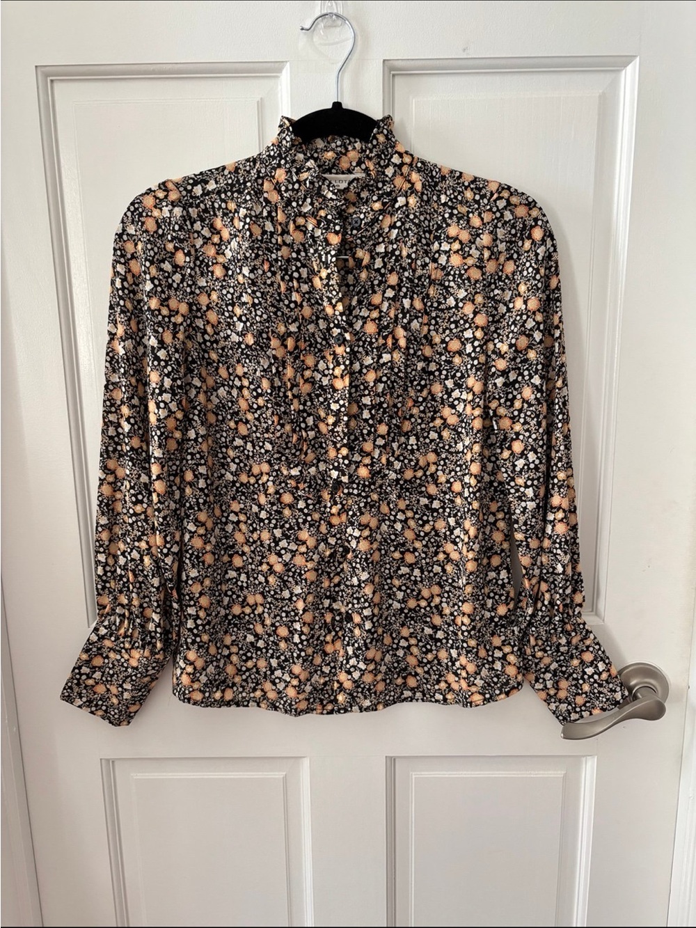 Nili Lotan Black Floral Ruffle Neck Blouse with Peach Accents